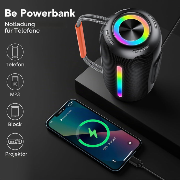 Tragbarer Bluetooth Lautsprecher mit Griff, 40W Leistungsstarker Musikbox mit Dualen Bass-Treibern,
