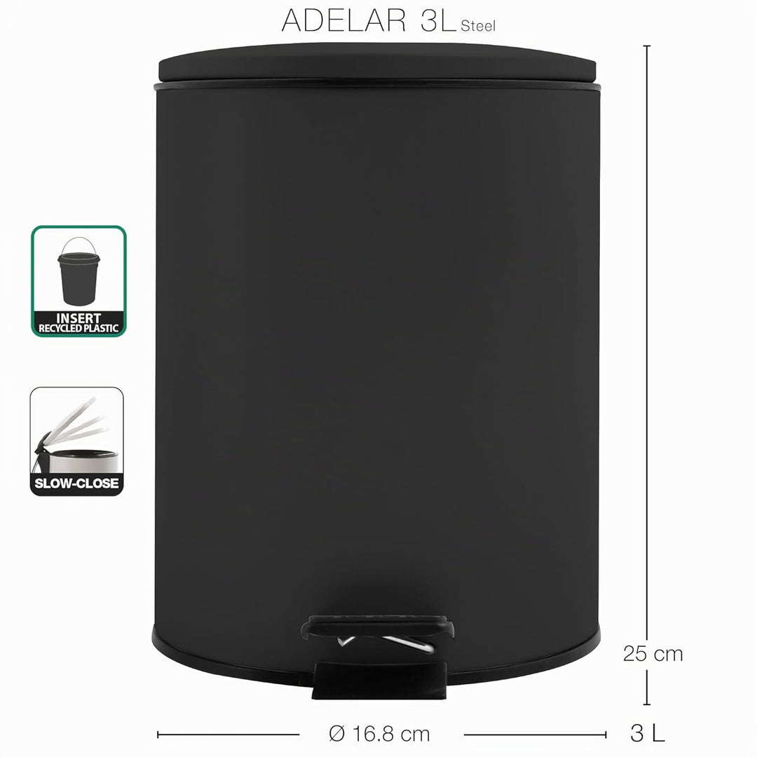 Spirella Kosmetikeimer 3L Schwarz Edelstahl mit Absenkautomatik, Anti-Fingerabdruck, Softclose, gros
