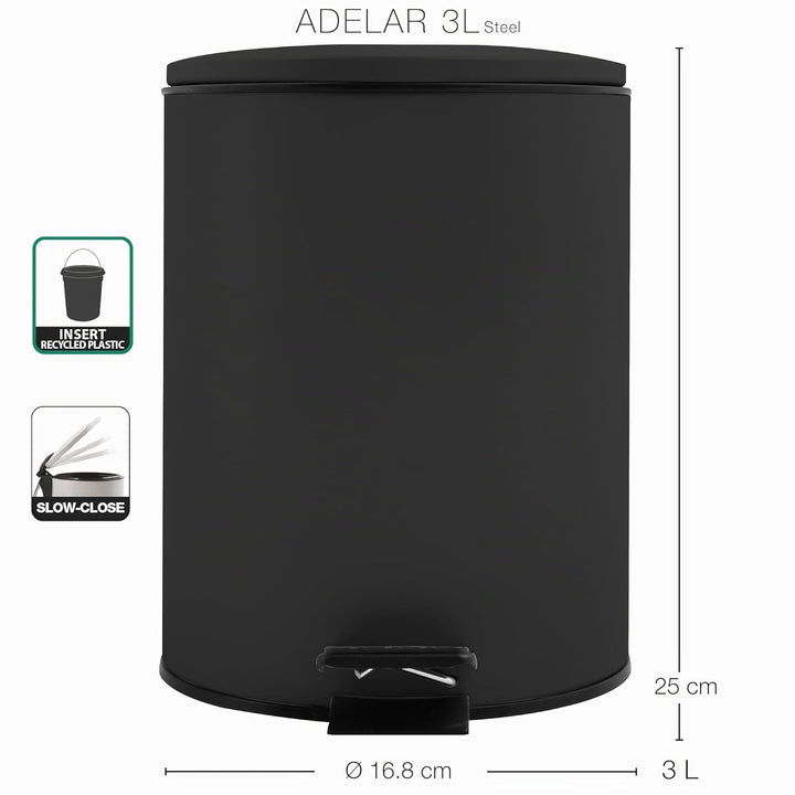 Spirella Kosmetikeimer 3L Schwarz Edelstahl mit Absenkautomatik, Anti-Fingerabdruck, Softclose, gros