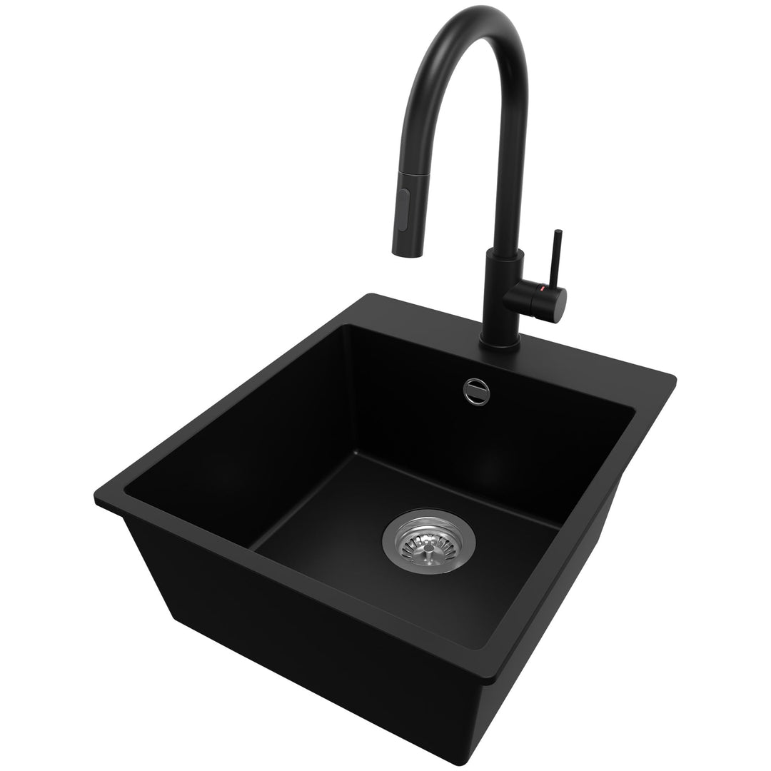 PRIMAGRAN Granitspüle Schwarz 43x50cm, Spülbecken 1 Becken + Küchenarmatur 40x20cm + Ablauf-Set, Küc