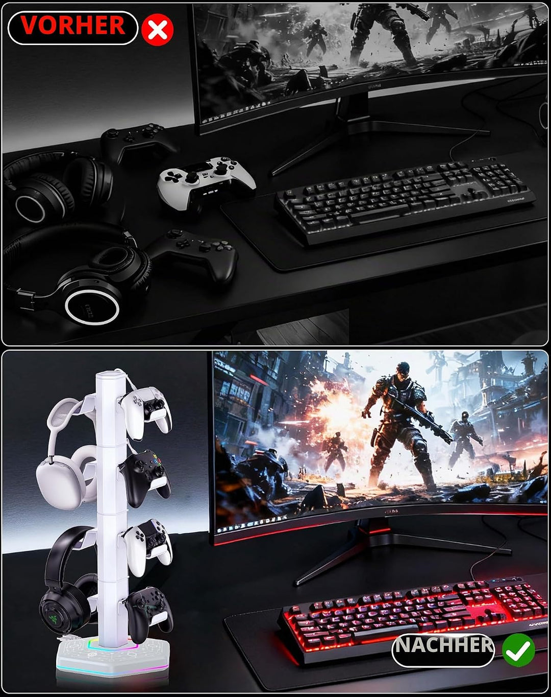 Gaming Controller Ständer mit 9 RGB Lichtmodi, Headset Halterung Tisch mit Abnehmbarer Controller Ha