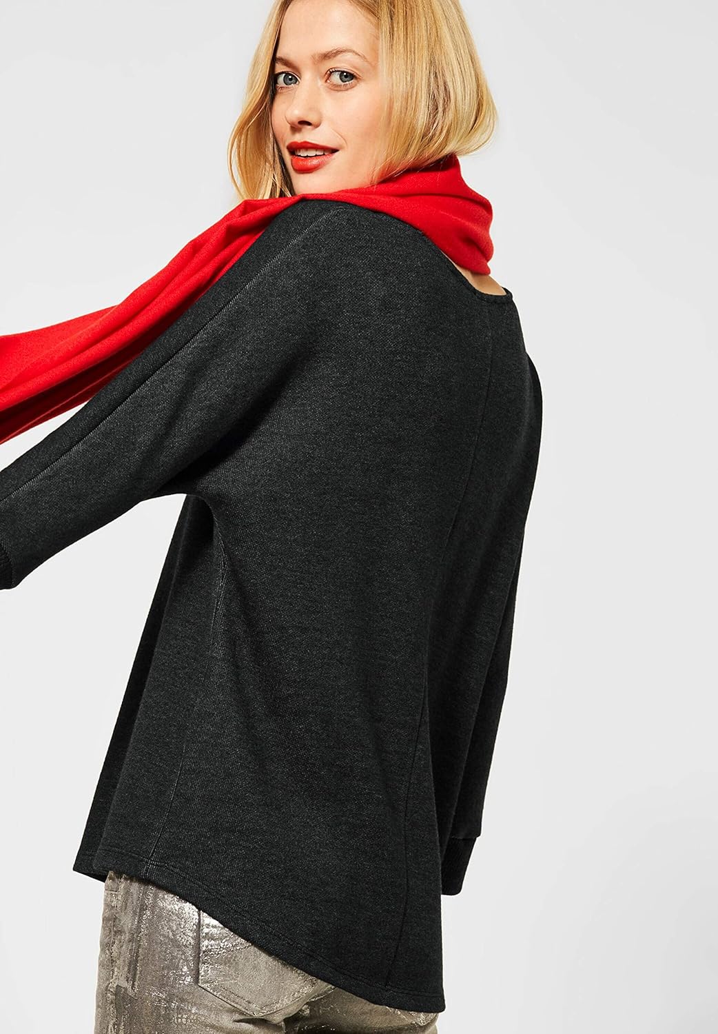Street One Damen Shirt mit V-Ausschnitt Anthracite Melange 38 Spitzem Ausschnitt, 3/4-Arm, überschni