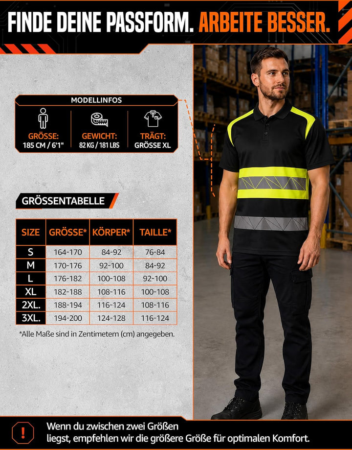 Warnschutz T-Shirt Polo - Atmungsaktiv mit Reflexstreifen und Baumwolle - Warn Tshirt Herren 3XL Sch