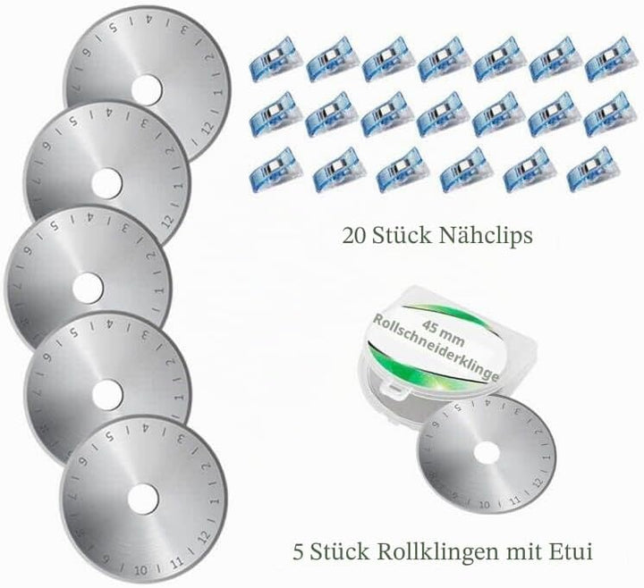 Rollschneider Set - 45mm Rollschneider Stoffschneider Set inkl. A3 Schneidematte, Rollschneider, Ers
