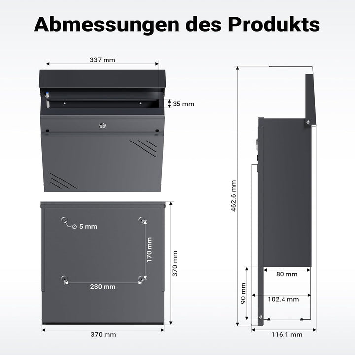 Wiltec Briefkasten Anthrazit V63 aus Stahl 37 x 11 x 37 cm, Wandbriefkasten mit Zeitungsfach und Sch
