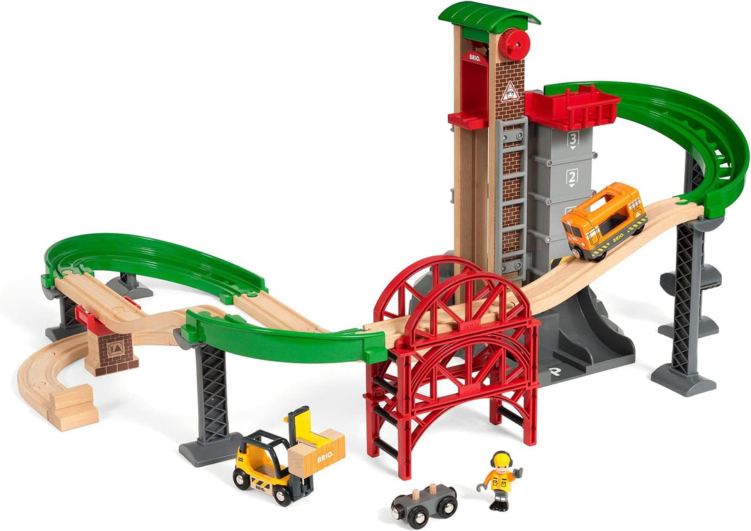 BRIO World 33887 Grosses Lagerhaus-Set mit Aufzug - Zubehör Holzeisenbahn - Konstruktionsspielzeug e