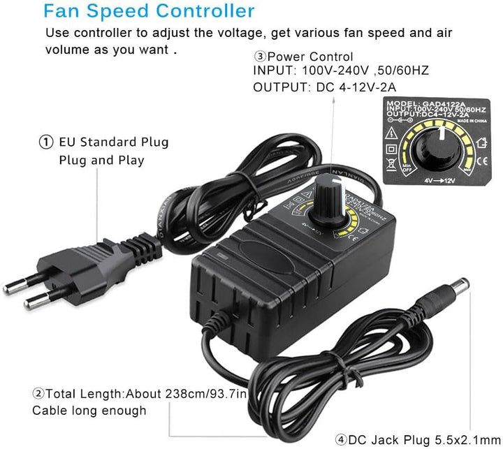 GDSTIME 12V 120mm Lüfter 120mm Gehäuselüfter mit Geschwindigkeitskontrolle AC 220V - 240V Lüfter 300