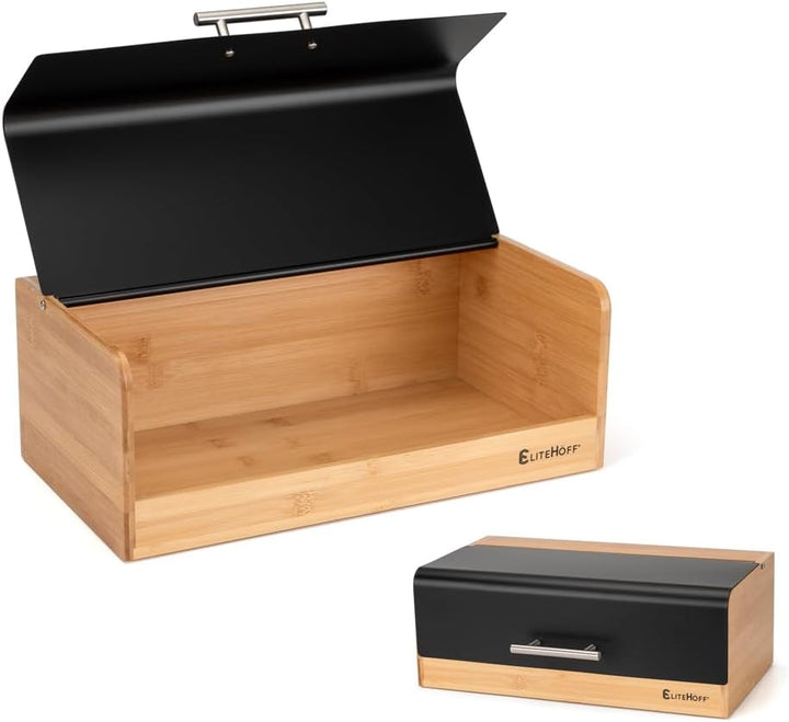EliteHoff Brotkasten Bambus Metall, Brotbox Rechteckig ca. 36 x 20 x 14 cm, Brotbox mit Klappdeckel,