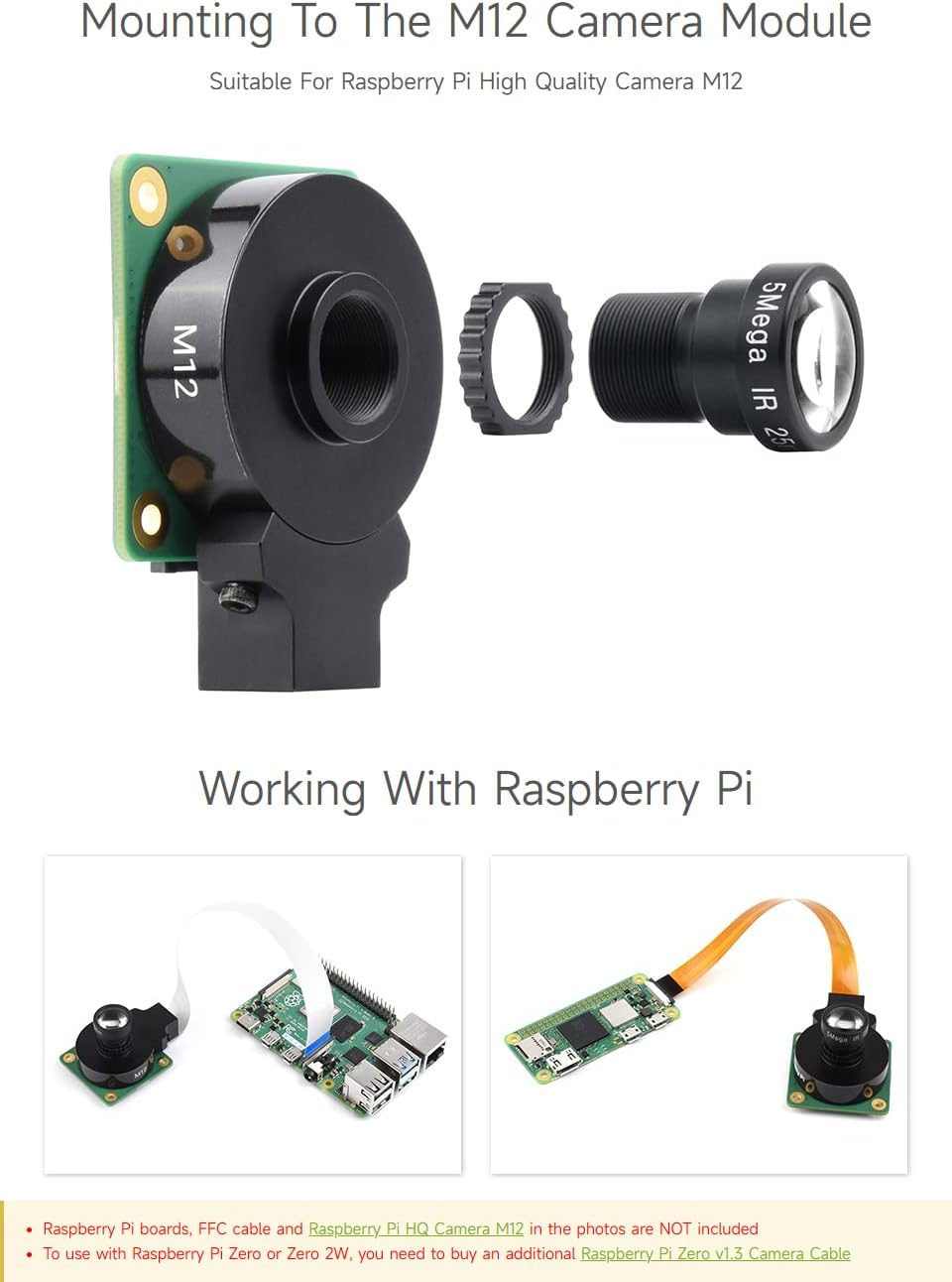 Waveshare M12 Long Focal Length Lens,5MP,25mm Focal Length,Large Aperture,Compatible with Raspberry