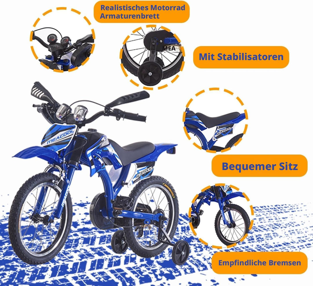 LSLIFE Motorrad-Stil Kinderfahrrad, 16/18 Zoll Fahrrad mit abnehmbaren Stützrädern, Stabil Sicher Ei
