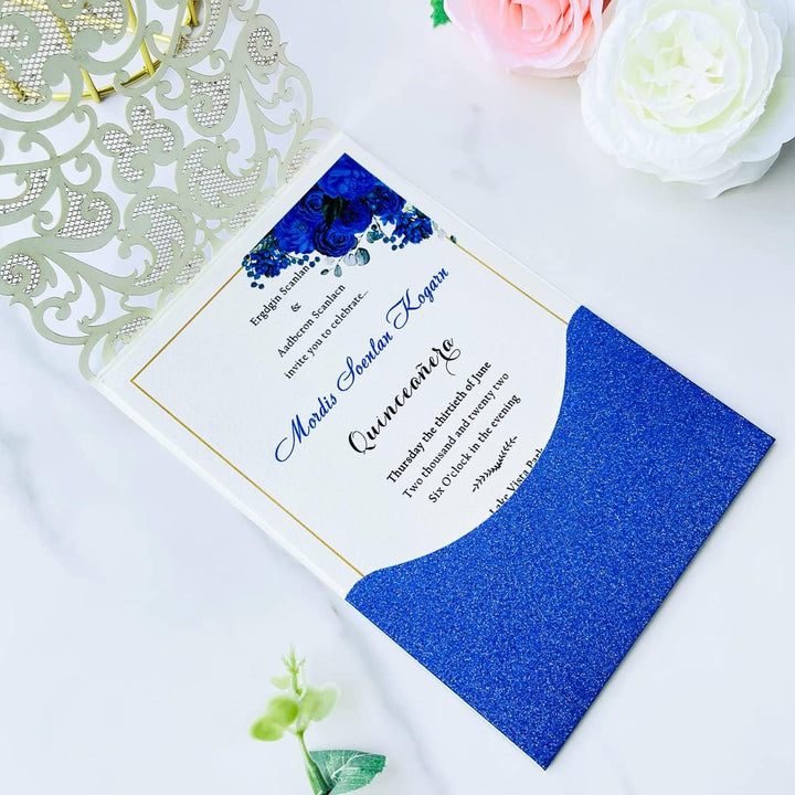 Hosmsua 20x Blau Glitzer Hochzeit EinladungsKarten Lasercut Rose Spitze Wasserdiamant Hochzeitseinla