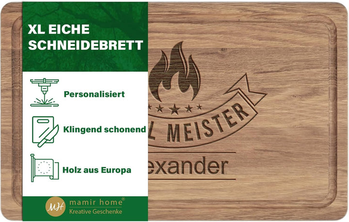 Geburtstagsgeschenk Männer mit Name | 40x25x2cm XL Schneidebrett Holz personalisiert | GRILLMEISTER
