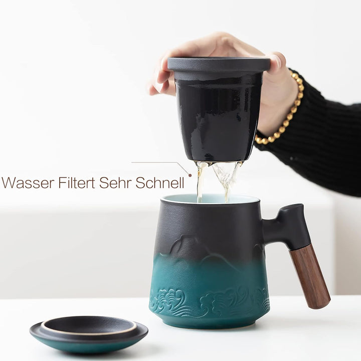 ZENS Teetasse mit Deckel und Teesieb, 450ml Grosse Holzgriff Teebecher mit Sieb und Gradienten Geprä