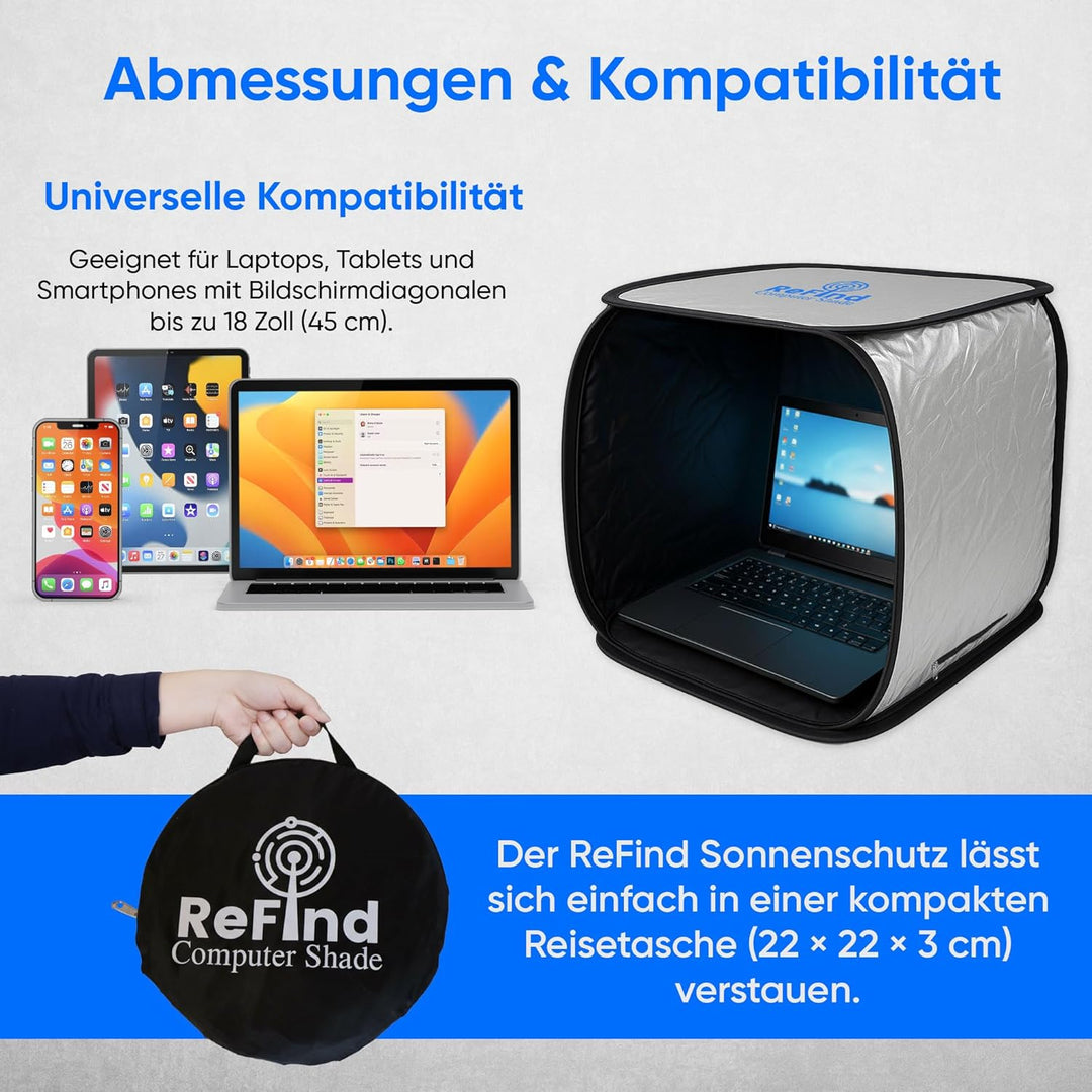 ReFind Sonnenschutz für Laptop - Blendschutz für Arbeit im Freien. Mit Sichtschutz, Hitzeschutz und