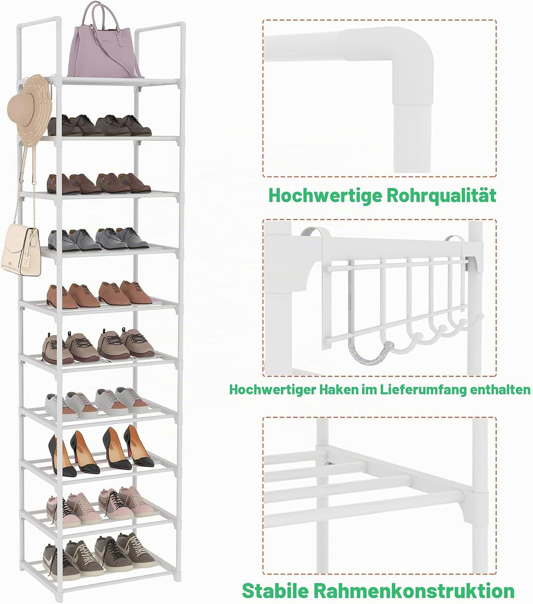 Schuhregal, 10-stufiger Schuh-und Stiefel-Organizer aus Metall, 20 Paar hohes vertikaler Lagerregal