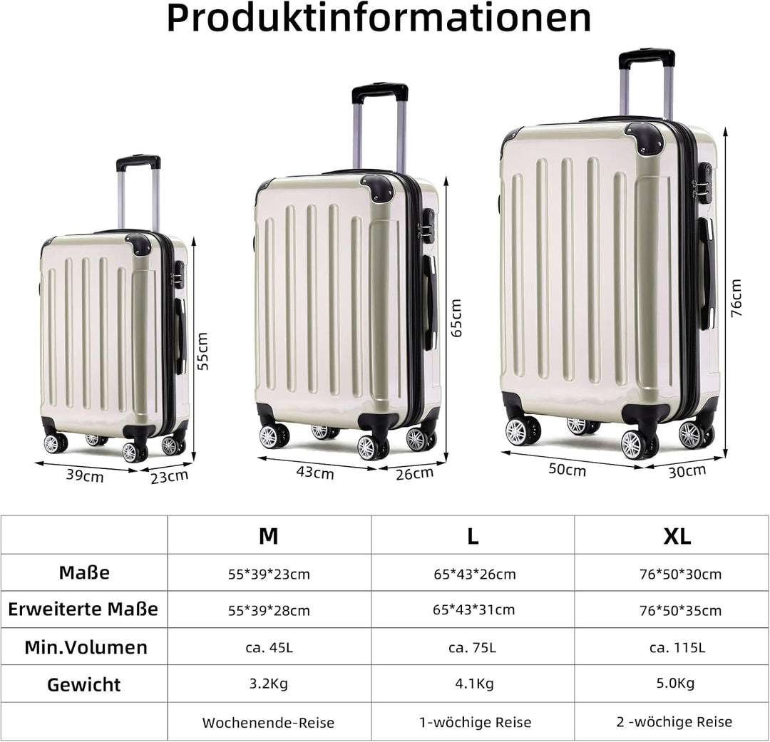 BEIBYE Hartschalen Koffer Trolley Rollkoffer Reisekoffer 4 Zwillingsrollen Polycabonat (Champagner,