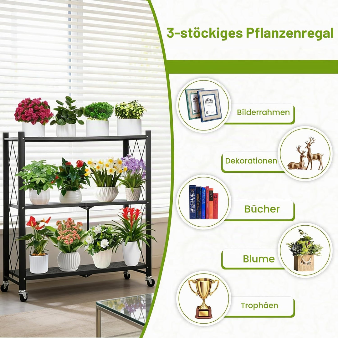 3-Tier Metall Klappbares Blumenregal für drinnen &amp; draussen,Mit Rollen,Faltung,Stabile Eisenkonstruk