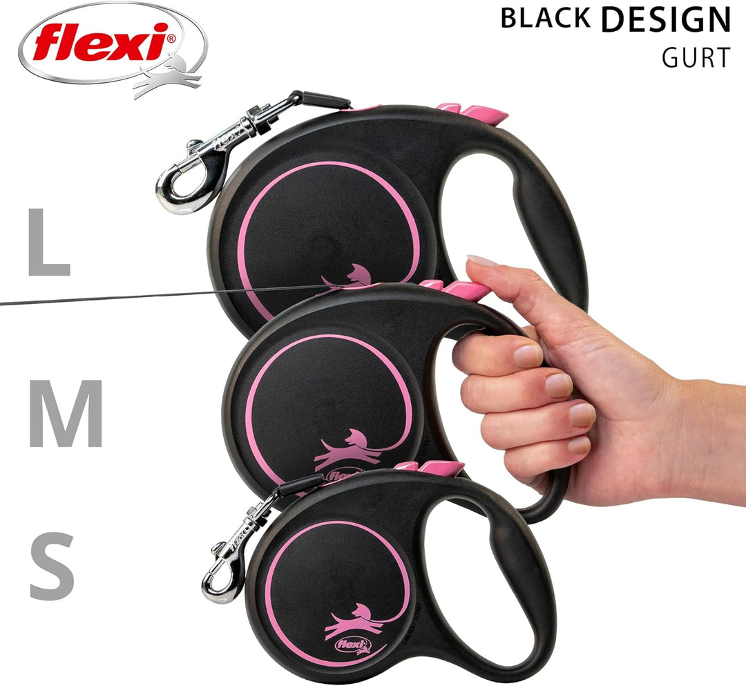 flexi® Black Design M | 5m Gurt Roll-Leine für Hunde bis 25 kg | schwarz/pink | ausziehbare Hundelei