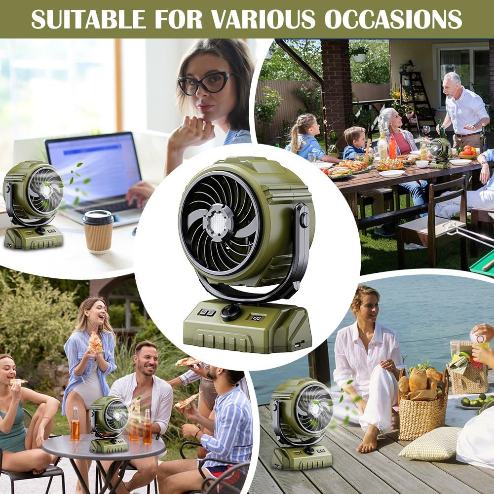 Camping Ventilator, Akku Ventilator mit Fernbedienung/LED Licht/270° Drehung, Tischventilator mit Ha