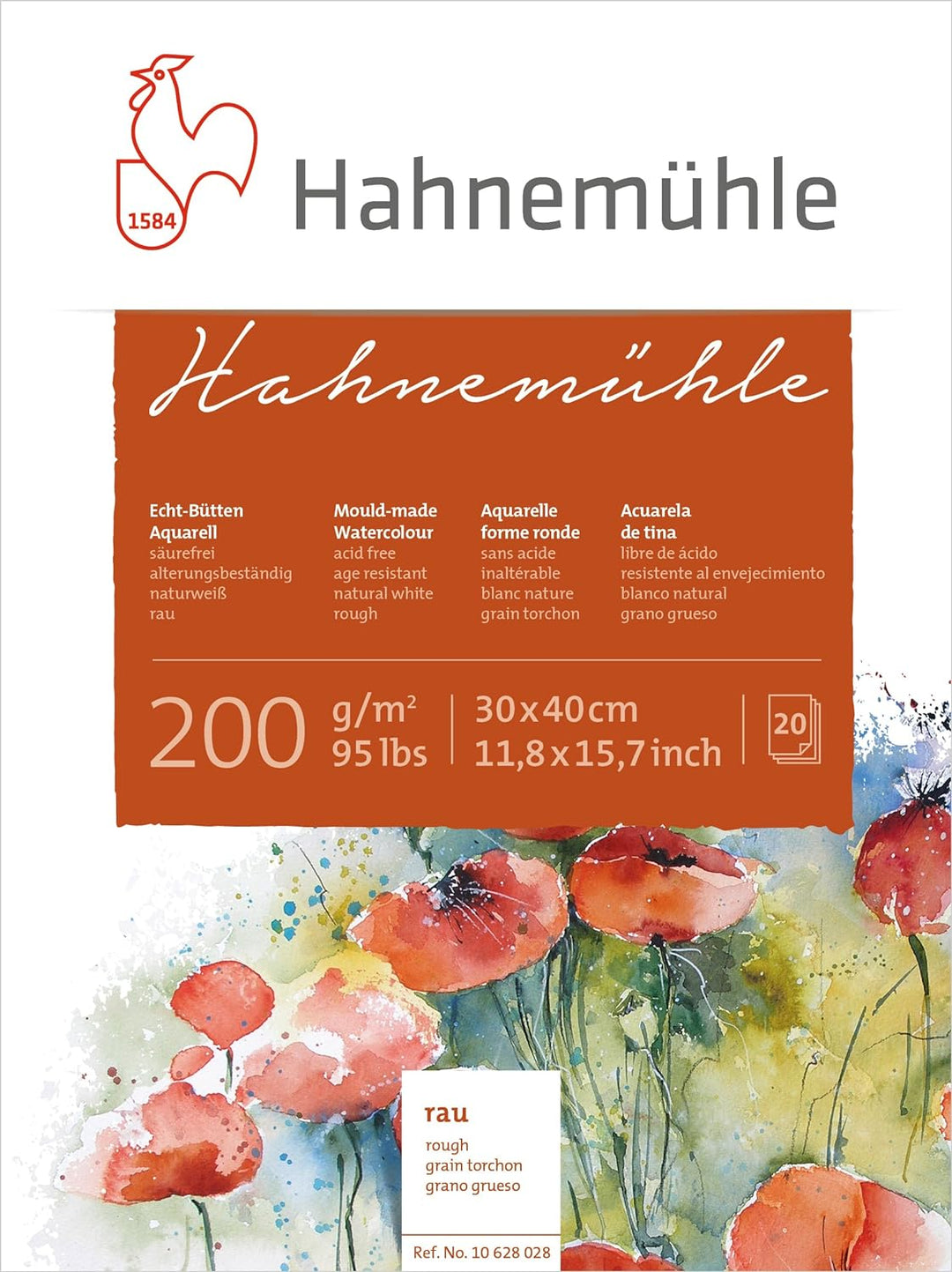 Hahnemühle Echt-Bütten Aquarellblock, 200 g/m², raue Oberfläche, 20 Blatt, 30x40cm naturweiss - rau