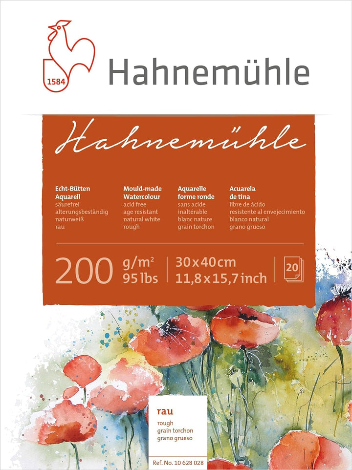 Hahnemühle Echt-Bütten Aquarellblock, 200 g/m², raue Oberfläche, 20 Blatt, 30x40cm naturweiss - rau