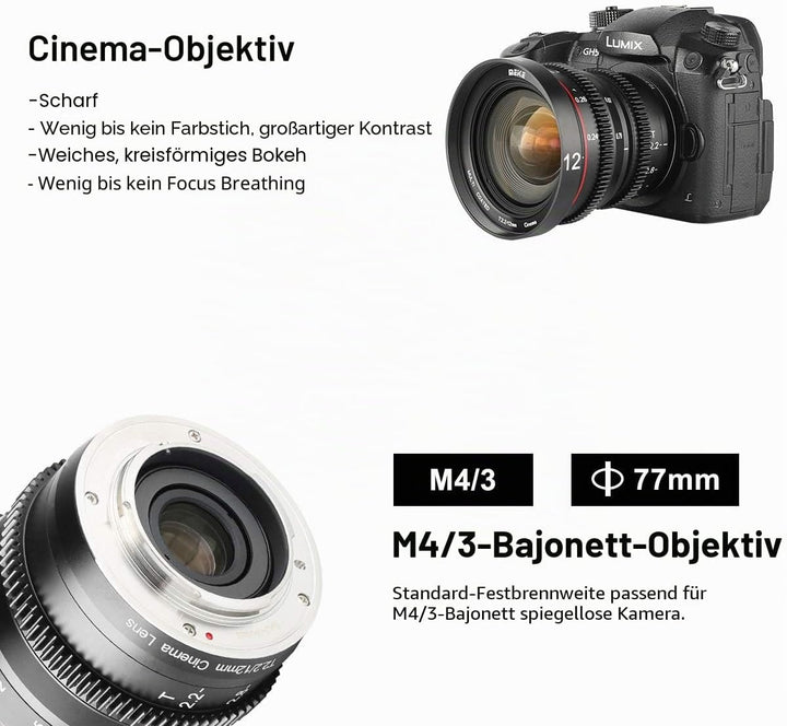 MEKE 12mm T2.2 grosse Blende, manueller Fokus, niedrige Verzerrung, 4K Mini-Cine-Objektiv für Micro