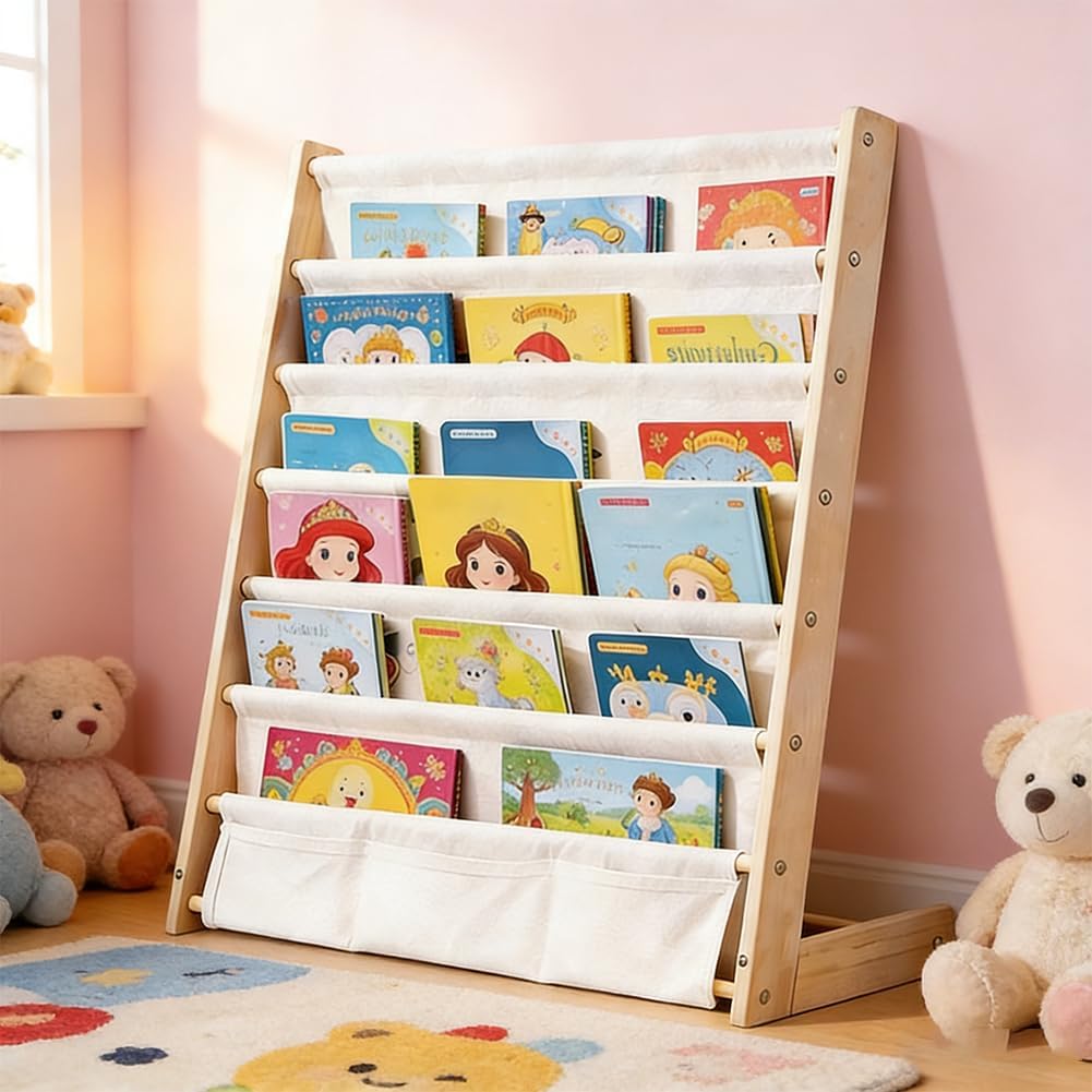 Kinder-Bücherregal 6 Ebenen, Montessori Kinderregal mit Tasche, Kinderregal für Buchaufbewahrung mit