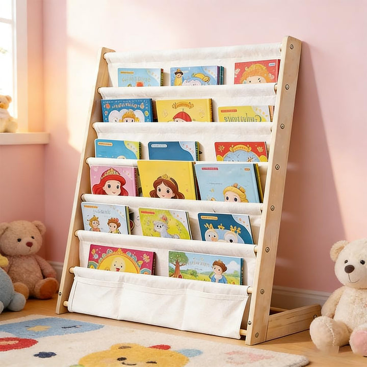 Kinder-Bücherregal 6 Ebenen, Montessori Kinderregal mit Tasche, Kinderregal für Buchaufbewahrung mit