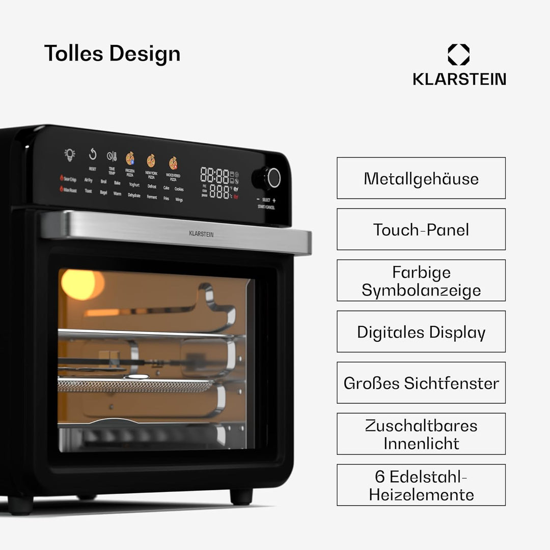 Klarstein AirGlaze Digital Heissluftfritteuse – 34 L, 2200 W, 19 Programme, Rotisserie, Touch Displa