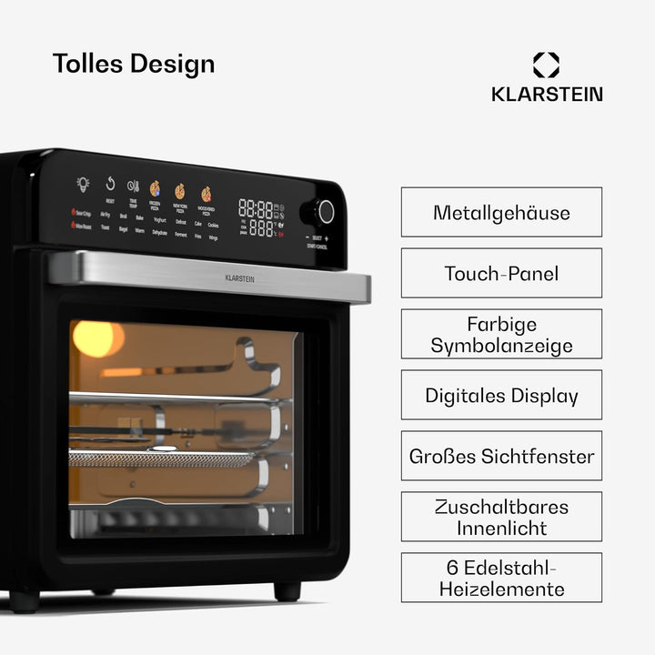 Klarstein AirGlaze Digital Heissluftfritteuse – 34 L, 2200 W, 19 Programme, Rotisserie, Touch Displa