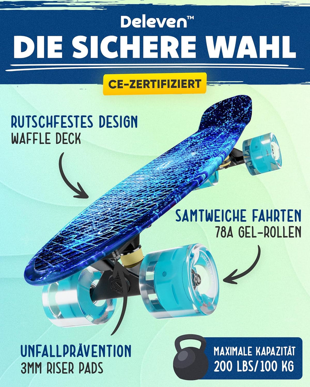Deleven Skateboard mit Tragetasche, LED Rollen, Skate Tool und ABEC 7 Lager - Kinder Erwachsene Anfä