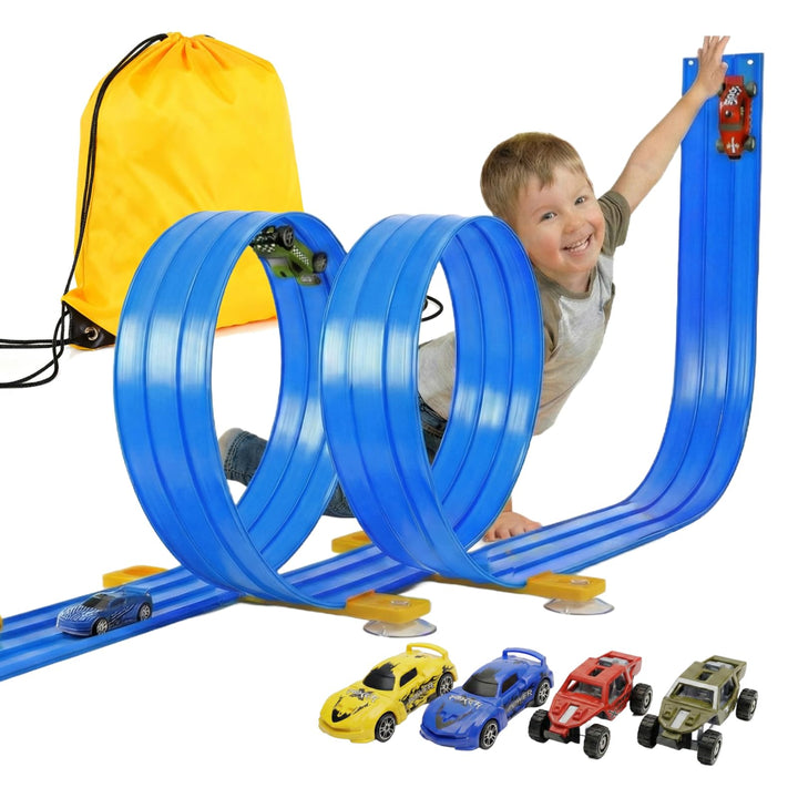 3-Spur Flexible Autorennbahn Set mit 2 Loopings (5M), Rennbahn mit Autos & Tragtasche, Schwerkraft &