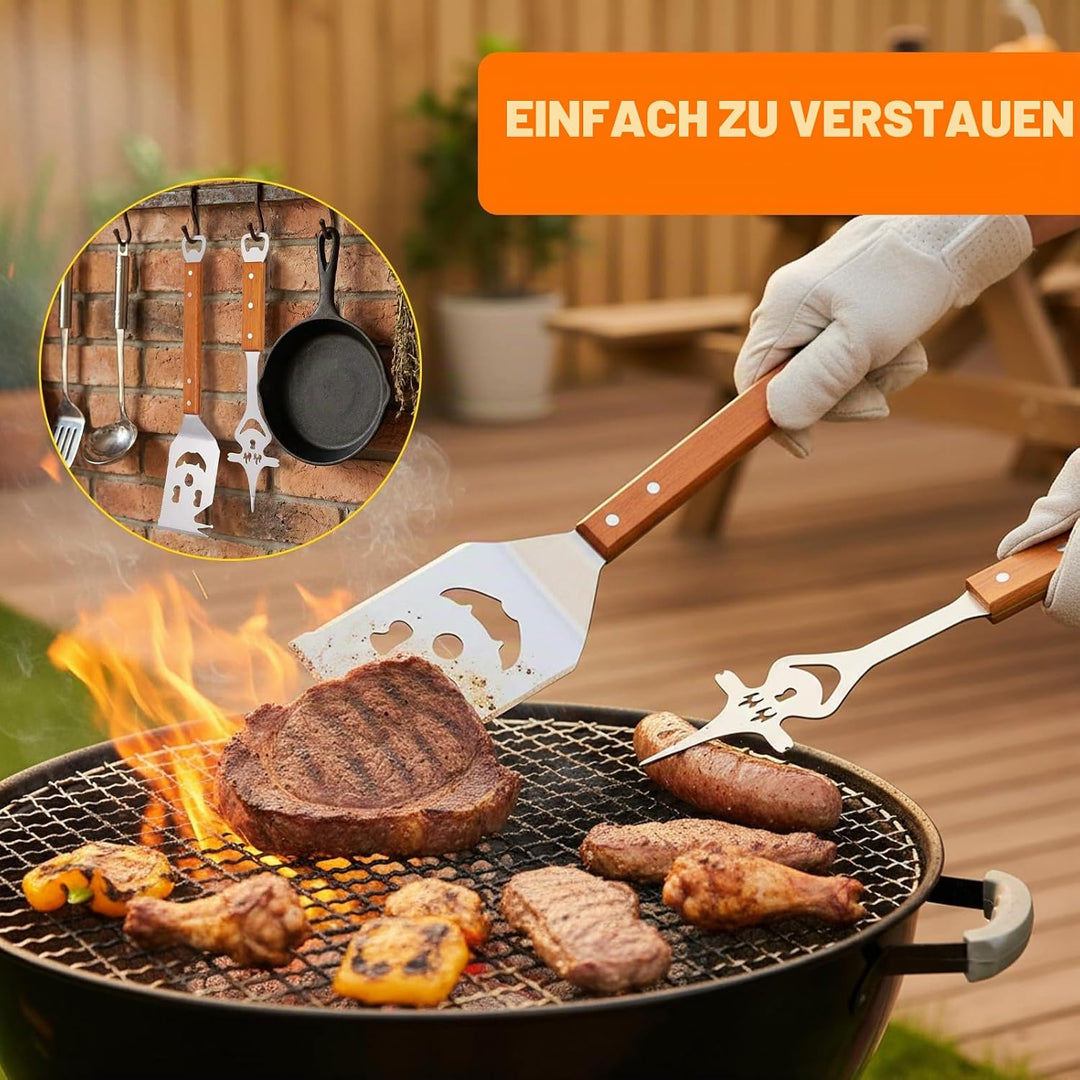 7 in 1 grillspachtel, 420 Edelstahl Grillbesteck Set für Barbecue Grill, mit 22 cm Holzgriff,Einziga