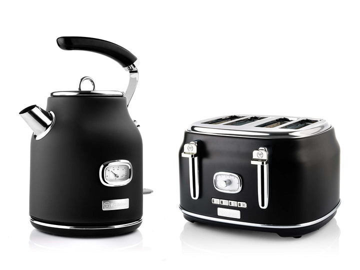 Westinghouse Retroline Frühstück-Set Schwarz, Toaster & Wasserkocher, 1.7 Liter, Kalkfilter & Überhi