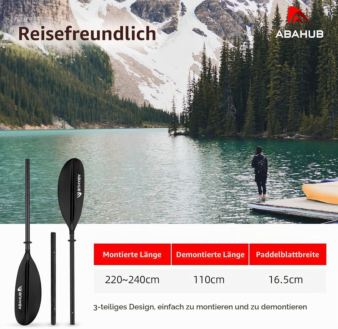Abahub Carbon Kajak Paddel 230cm/220-240cm verstellbar, mit Paddelleine | Für Kajakfahren, Ruderboot