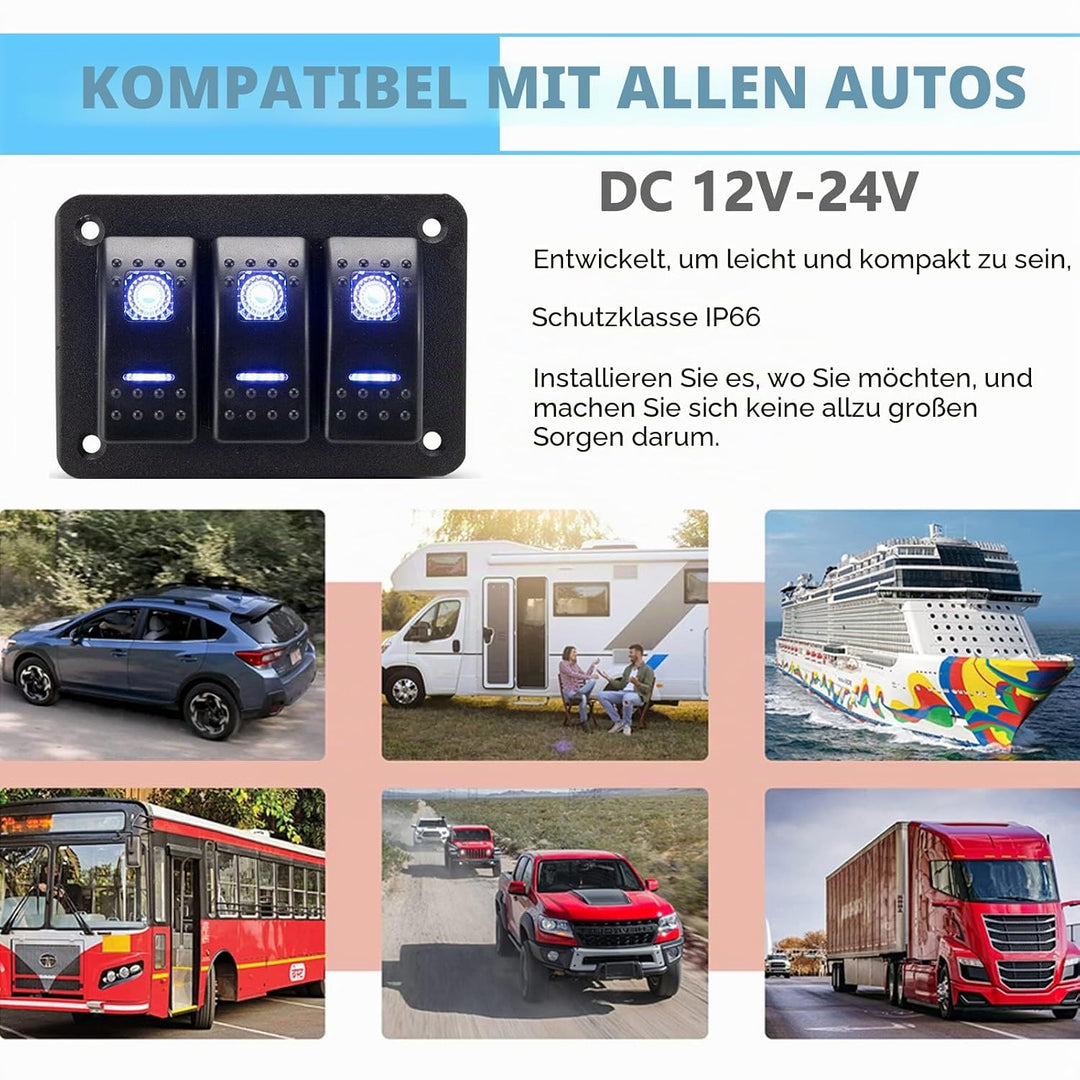 3 Gang Schalter Panel EIN/AUS Kippschalter Schalttafel Wasserdicht 12V/ 24V Rocker Switch Panel mit