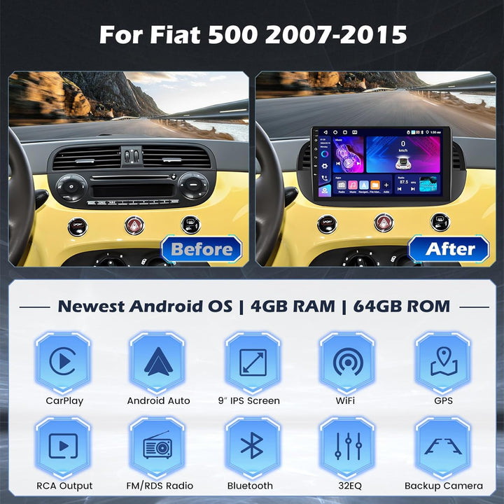 Hikity 4G+64G Autoradio Android 15 für FIAT 500 2007-2015 mit 9-Zoll-Touchscreen, Stereo 2 DIN mit W