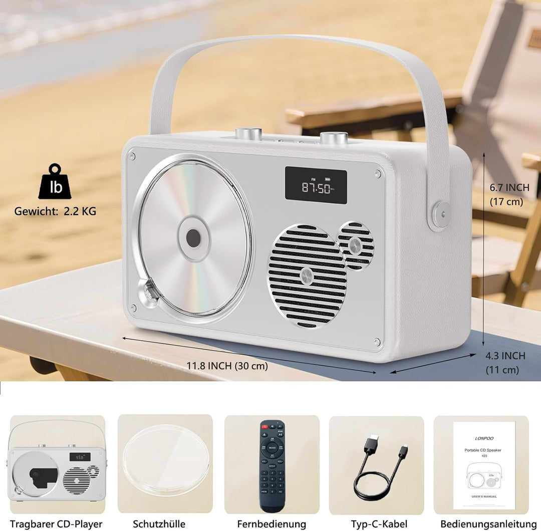 Vintage Leather Style Boombox CD-Player Tragbarer | Eingebaute wiederaufladbare Batterie| FM-Radio/B