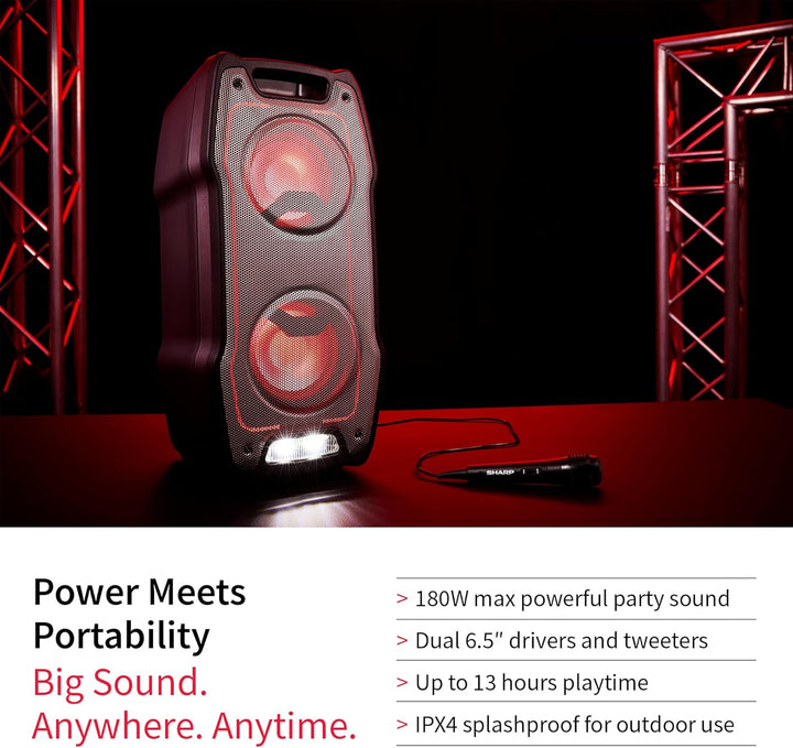 SHARP XParty Sing Party-Lautsprecher 180W – kraftvoller Bluetooth-Sound, LED-Lichter & 13 Std Akkula