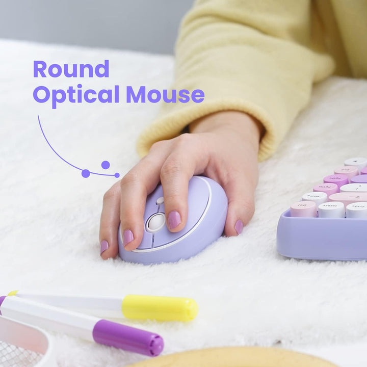 Perixx PERIDUO-713PP Wireless Mini Keyboard and Mouse Combo - Retro Round Key Caps - Pastel Purple -