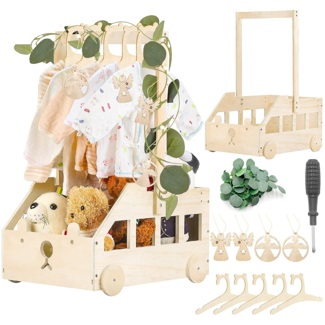 Babyparty Geschenk mit Holz Babykorb auf Rädern | Praktischer Baby Schrank mit Griff & 5 Regenbogen