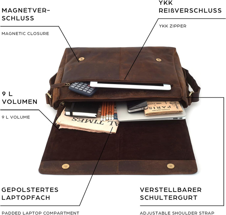 LEABAGS Messenger Bag, Acapulco Echtleder Aktentasche Herren & Damen, Leder Laptoptasche bis 15 Zoll