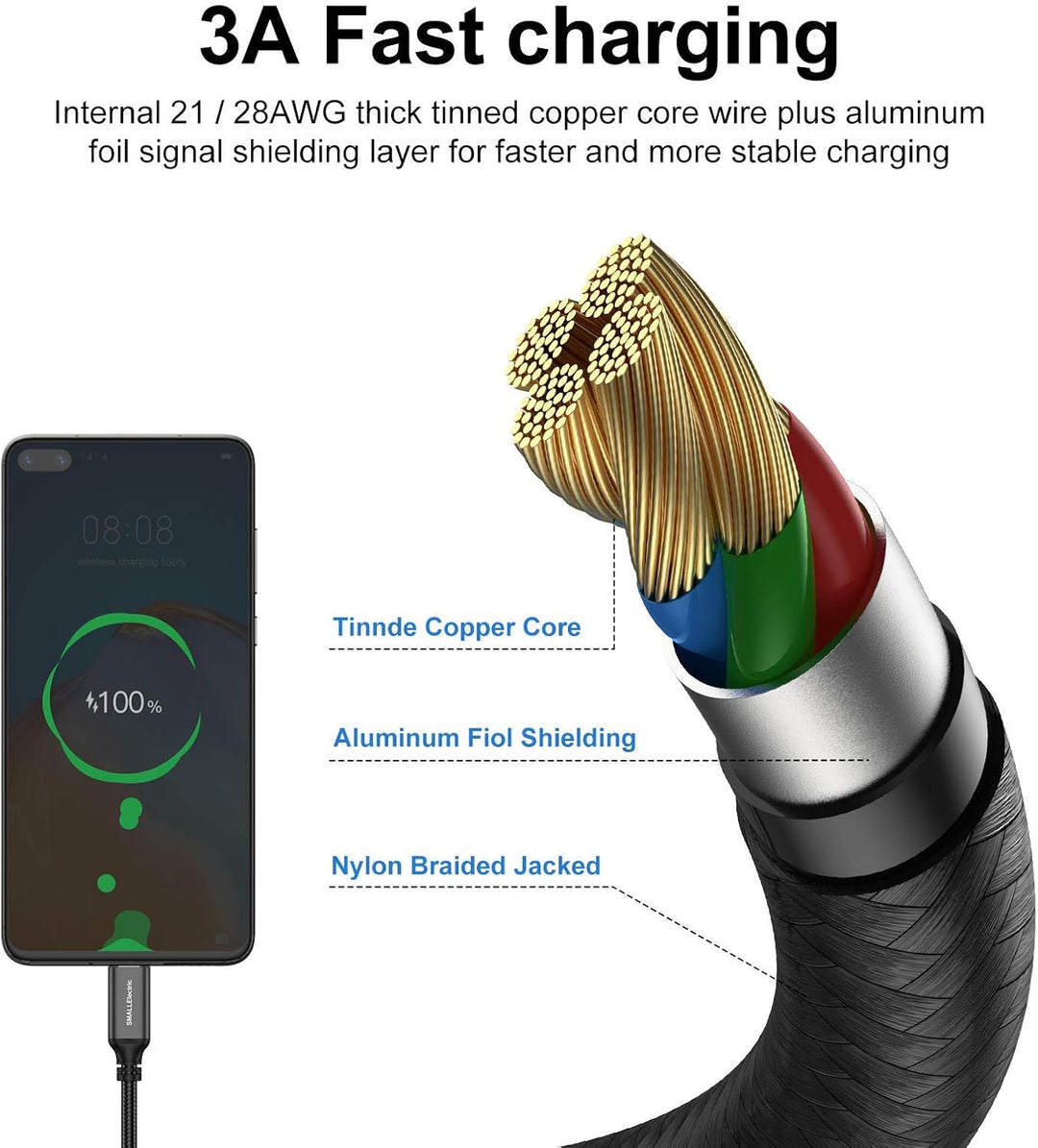 5 x 3 m langes USB-C-Kabel, extra langes USB-A auf USB-C, 3 m, Typ C, Schnellladekabel, kompatibel m