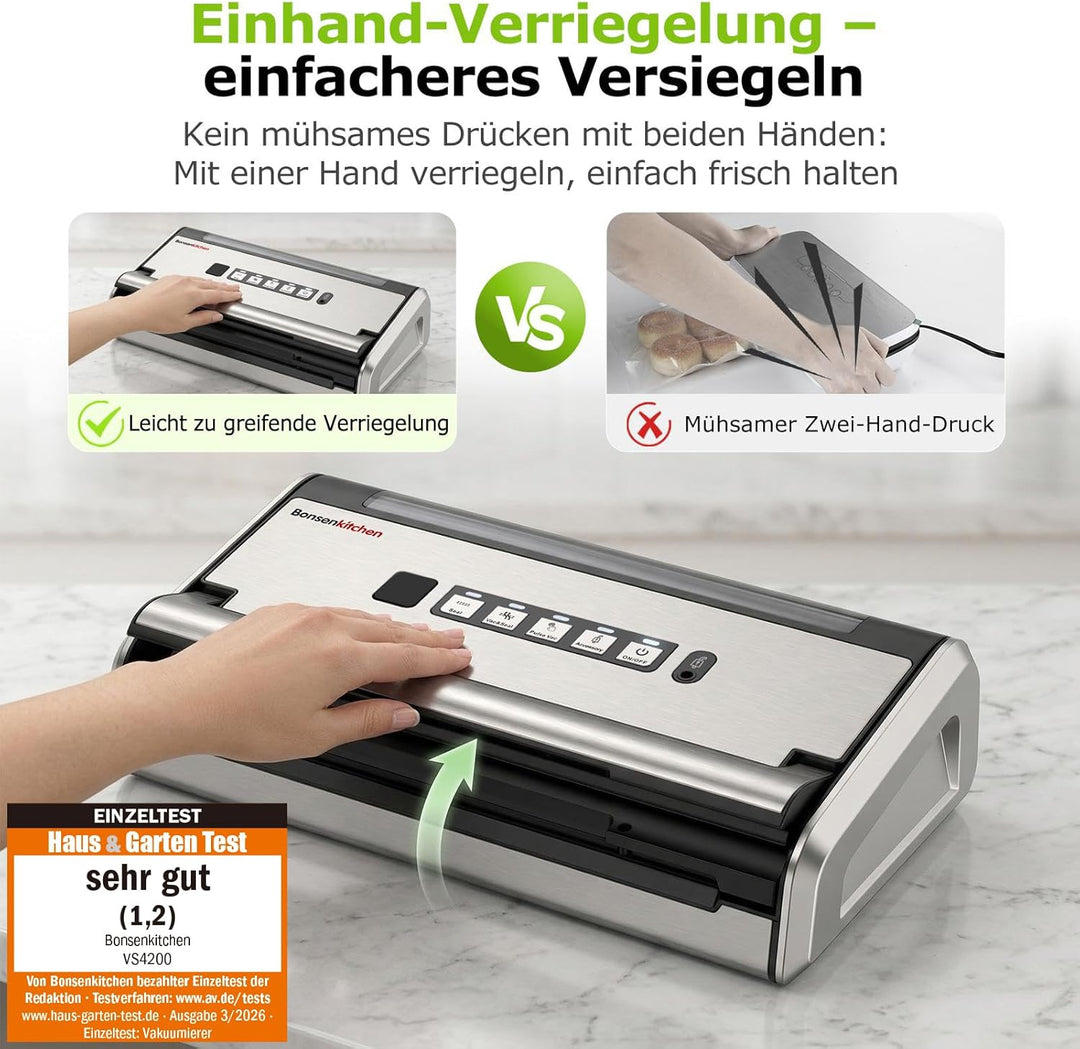 Bonsenkitchen Vakuumiergerät, 5mm Breitversiegelung auslaufsicher, Edelstahl, Einhand & Pulse Trocke