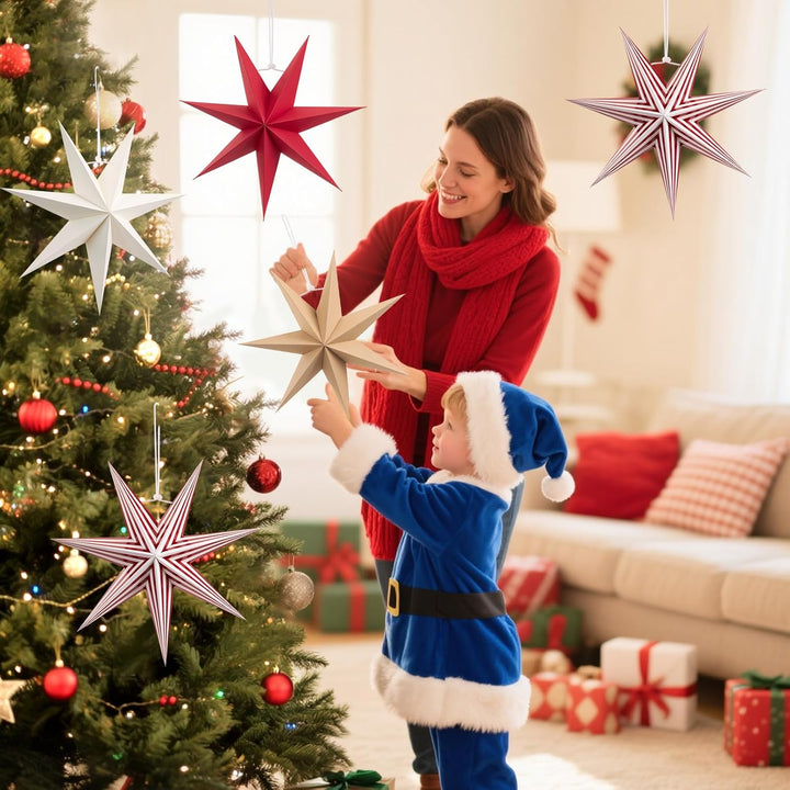 Weihnachts Papiersterne Ornamente Set - 5 Stück 3D Faltbare Hängende Sterne in Rot, Weiss, Braun und