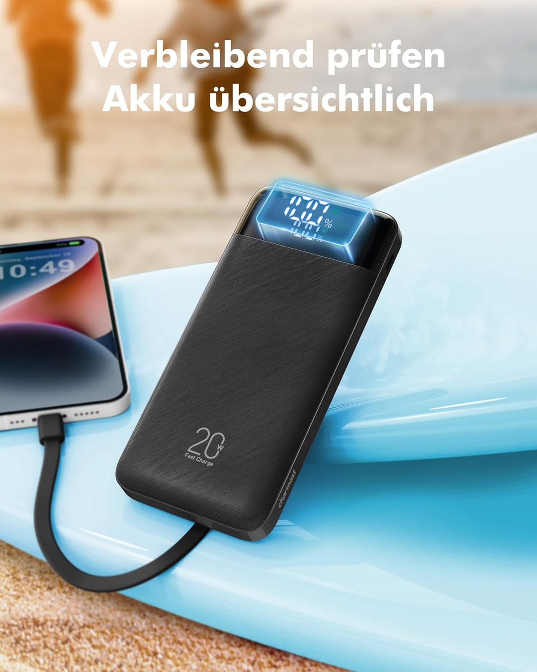 Charmast Powerbank 20000mAh Externer Akku USB C Power Bank mit 4 integriertes Ladekabel Tragbares La