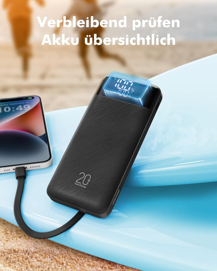 Charmast Powerbank 20000mAh Externer Akku USB C Power Bank mit 4 integriertes Ladekabel Tragbares La