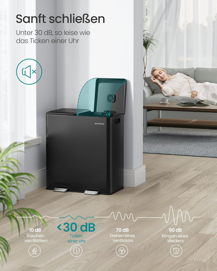 SONGMICS Mülleimer Küche, 2 x 30 L, 2 Fächer, Mülltrennsystem, Softclose, herausnehmbare Inneneimer,