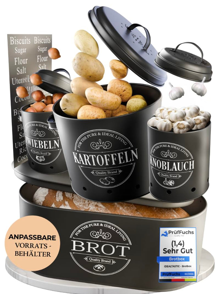 IDEALTASTIC® Premium Brotkasten 4er Set, Kartoffel Aufbewahrungsbox, Zwiebel Aufbewahrung &amp; Knoblauc