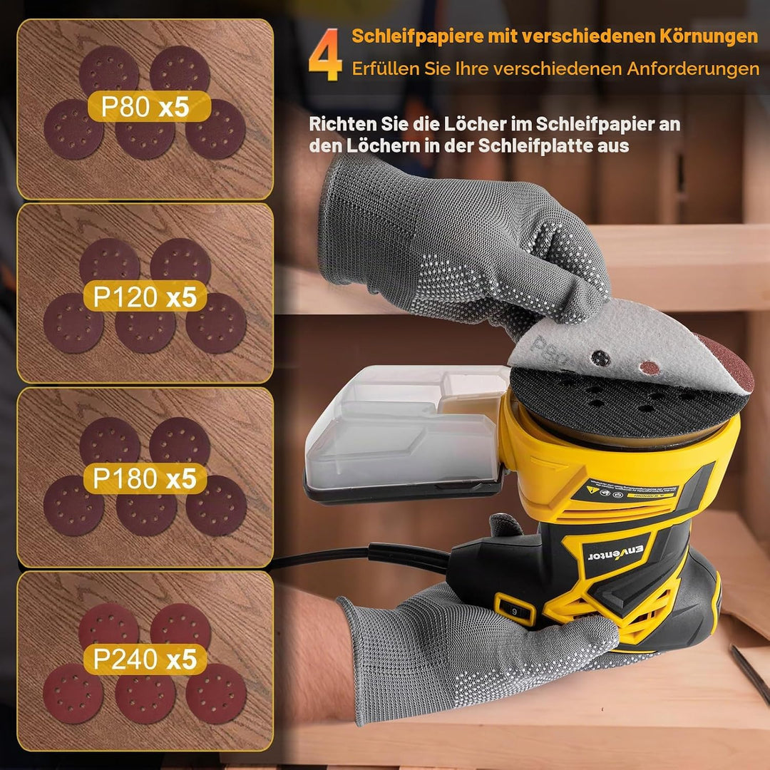 Enventor Exzenterschleifer 125mm, 350W Schleifmaschine 6000-13000 OPM, 6 Gänge, Multischleifer mit A